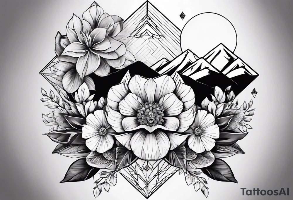 A geometric half sleeve with flowers and a mountain tattoo idea