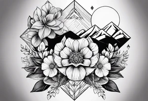 A geometric half sleeve with flowers and a mountain tattoo idea