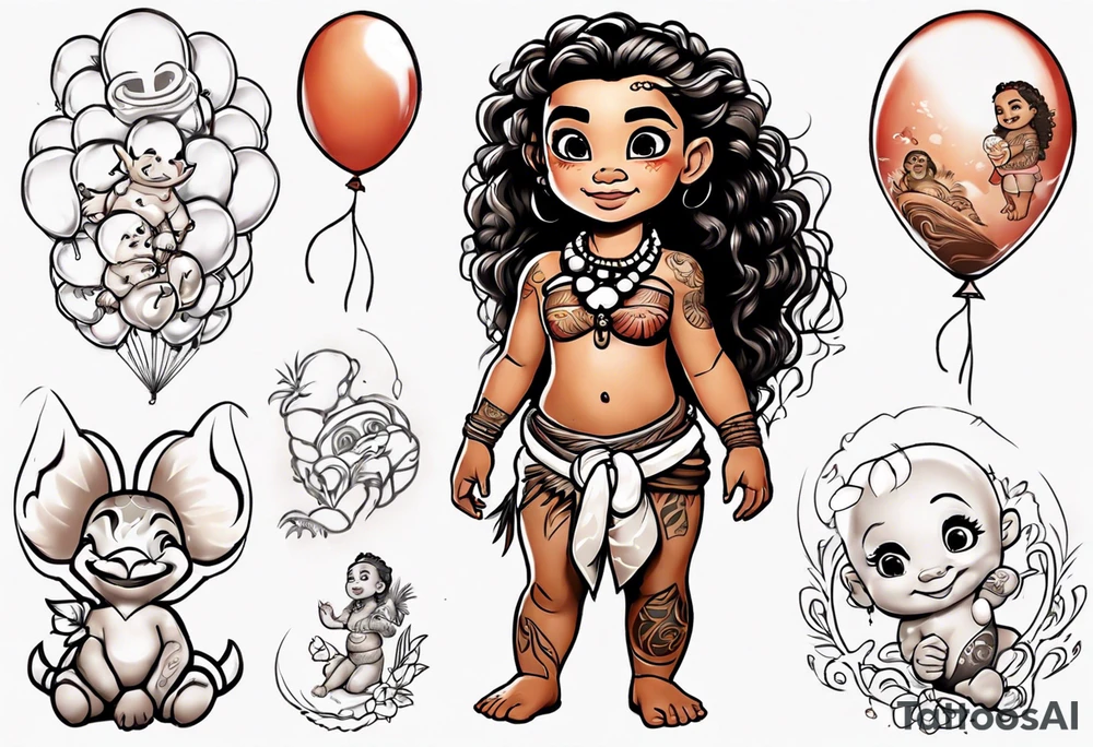 baby moana holding balloons tattoo idea