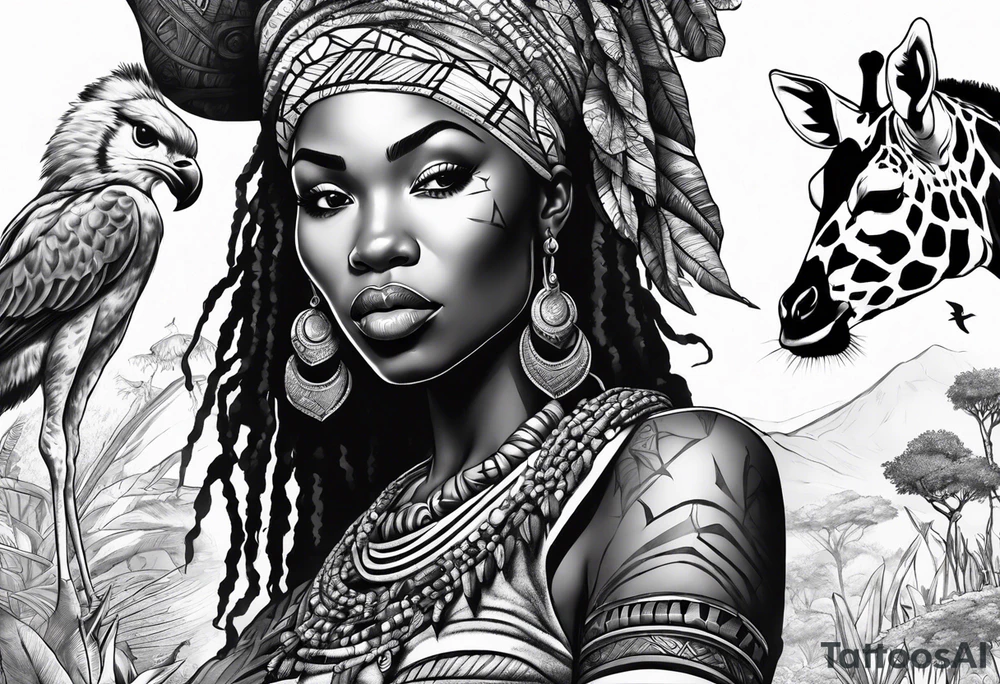 African woman warrior holding a spear with birds and giraffe in the background tattoo idea