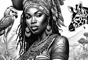 African woman warrior holding a spear with birds and giraffe in the background tattoo idea