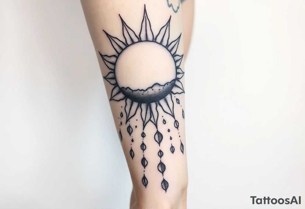 A large sun melting a snow flake and the snow flakes turning into rain drops as it rains down tattoo idea