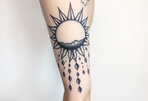 A large sun melting a snow flake and the snow flakes turning into rain drops as it rains down tattoo idea