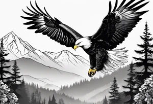 Eagle hunting a White Dove on a tree limb in the mountains tattoo idea