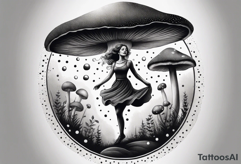 woman dancing around a mushroom tattoo idea