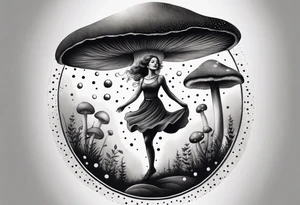 woman dancing around a mushroom tattoo idea