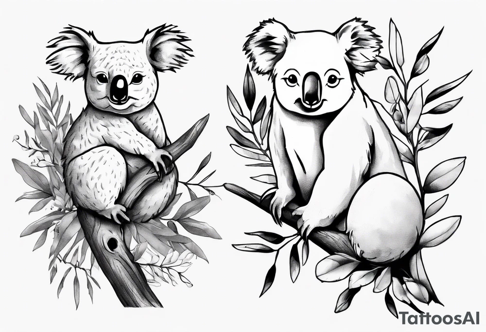a koala and a kookaburra sitting on wattle and eucalyptus leaves tattoo idea