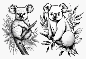 a koala and a kookaburra sitting on wattle and eucalyptus leaves tattoo idea