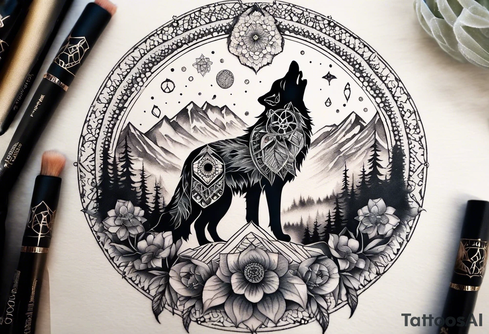 A whimsical wolf tattoo featuring mandala or dream catcher elements, with the wolf as the central focus, surrounded by mountains in the background. Include flowers and nature elements to fill the space around the wolf. Some color but not completely solid bold color tattoo idea