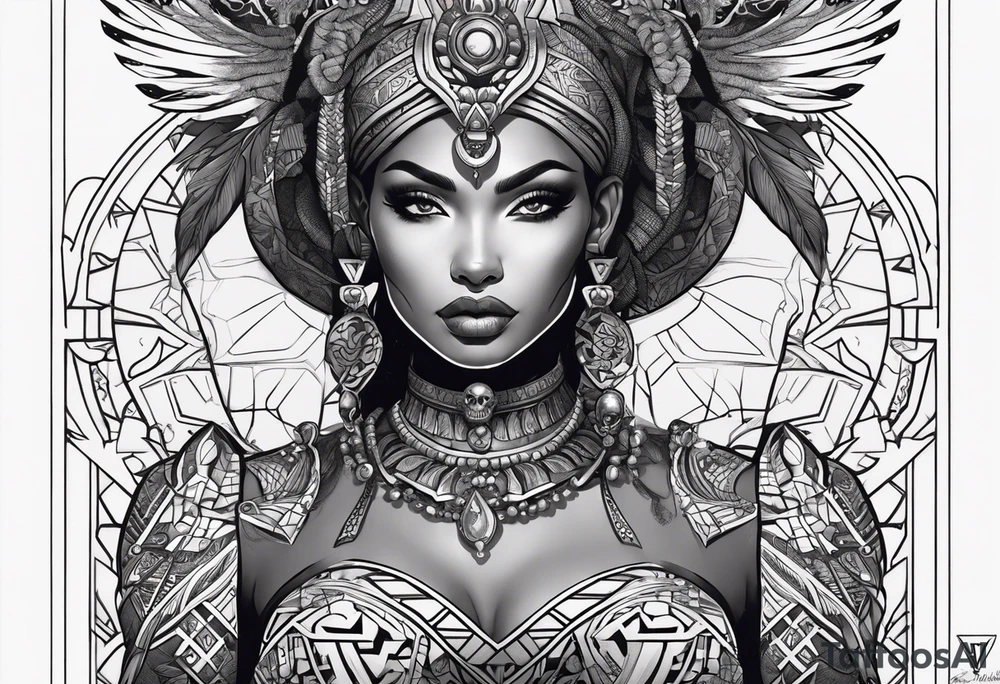 kali, alien goddess, valkrye, pirate, zenza, lotus, wing, pachamama, skull, black panther tattoo idea