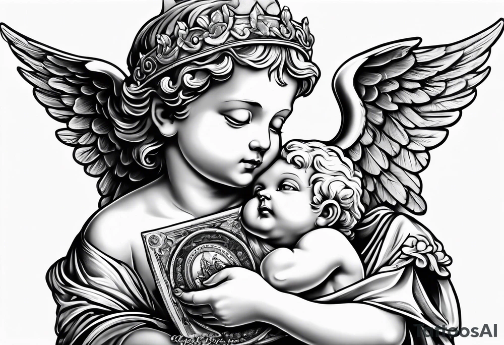 cherub outline holding a bag of money tattoo idea