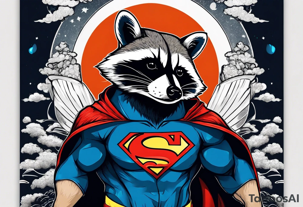 raccoon wearing a Superman hoodie tattoo idea