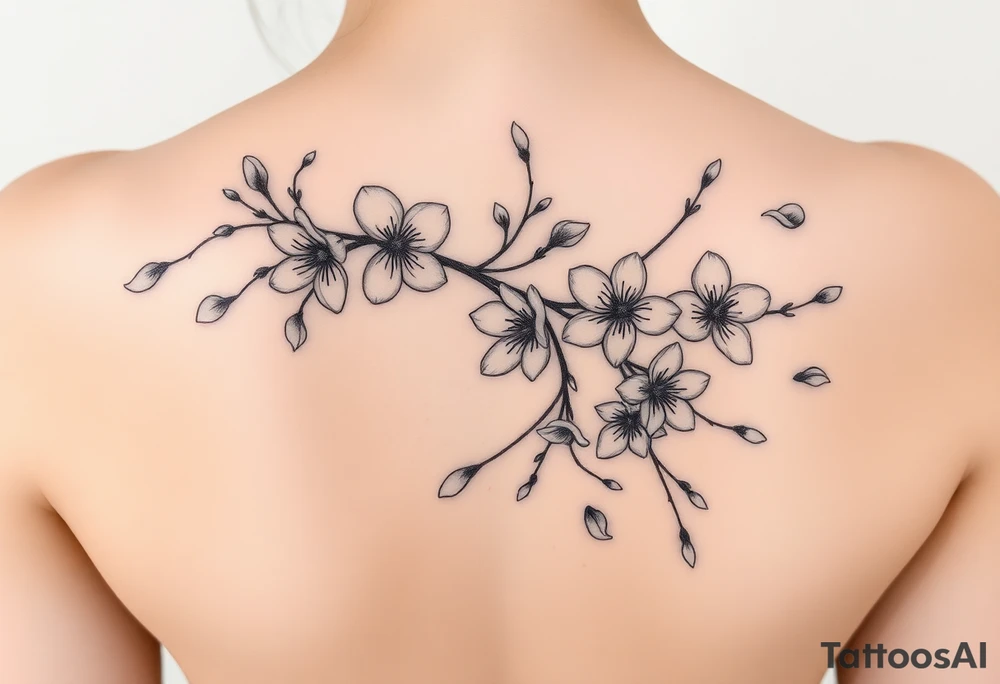 delicate cherry blossoms swirling in spring breeze with petals tattoo idea