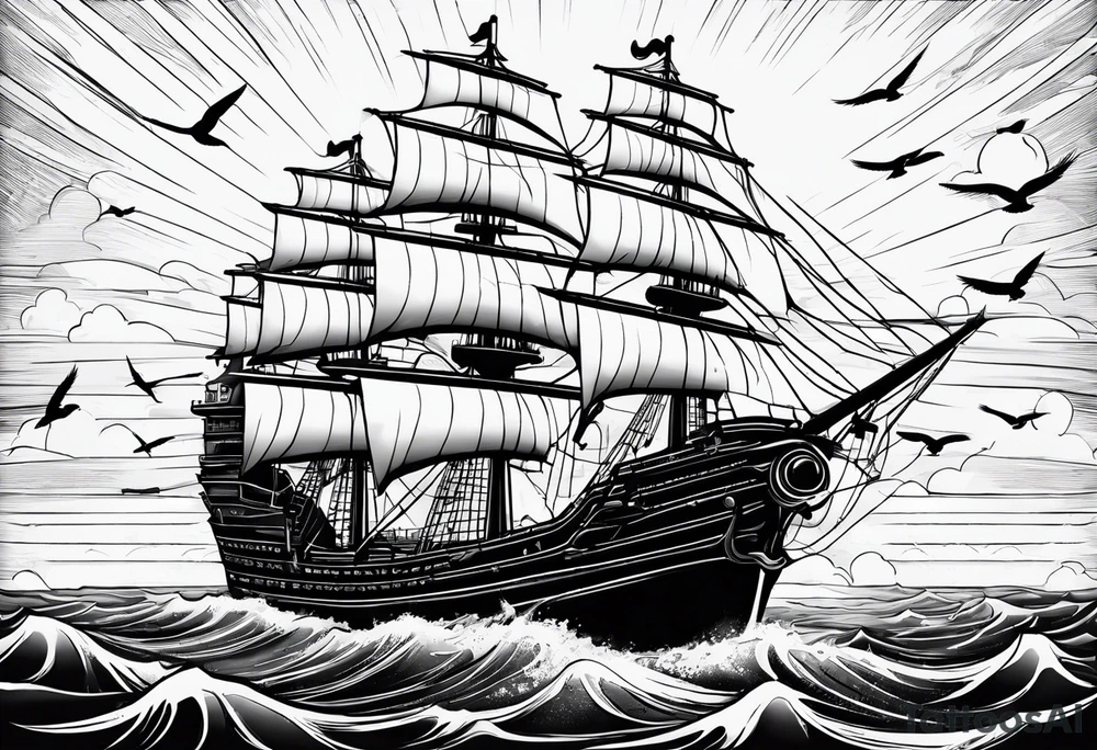 huge ship in the sea with sun on the sky and birds
without many details tattoo idea
