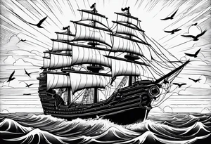 huge ship in the sea with sun on the sky and birds
without many details tattoo idea
