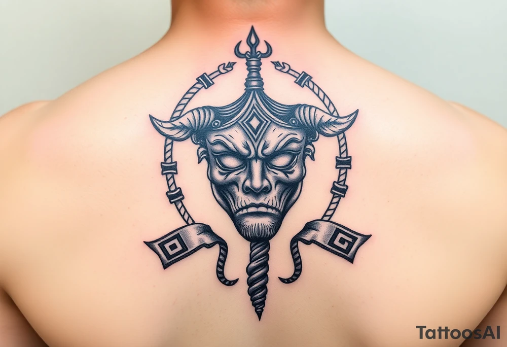 caduceus with greek symbols around. Comedy tragédiu dráma maska tattoo idea