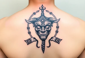 caduceus with greek symbols around. Comedy tragédiu dráma maska tattoo idea