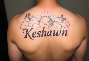 The name Keshawn with some clouds and sun rays beaming out of the clouds with pigeons around his name tattoo idea