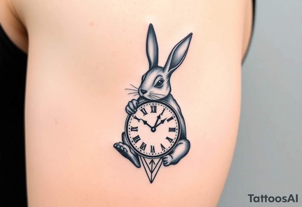 Geometrical rabbit holding a clock tattoo idea