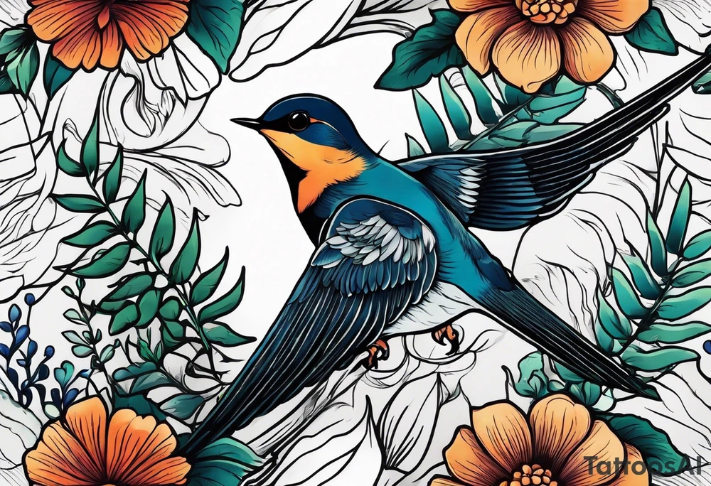 Swallow birds and floral background with ferns tattoo idea