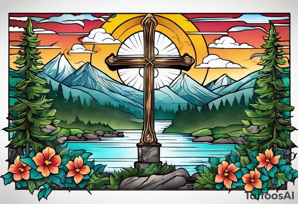Cross with a river and evergreens tattoo idea