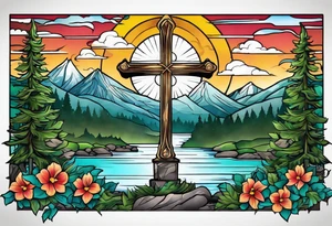 Cross with a river and evergreens tattoo idea