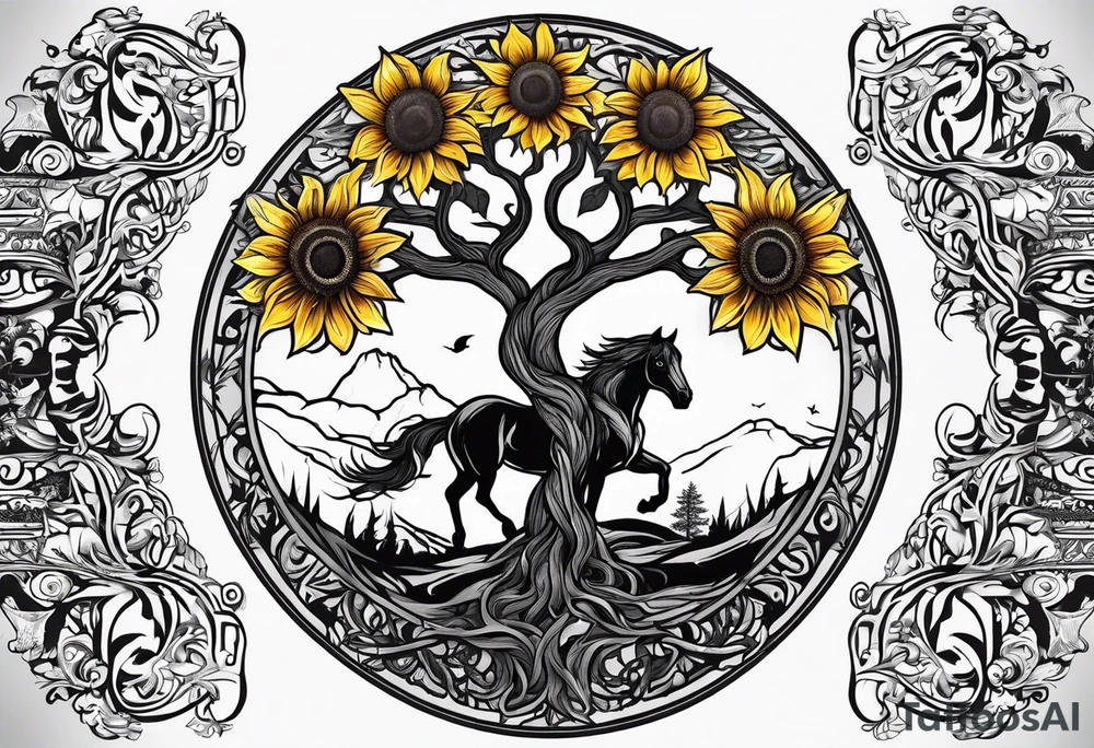 Yggdrasil tree, horse, sunflower tattoo idea