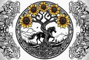 Yggdrasil tree, horse, sunflower tattoo idea