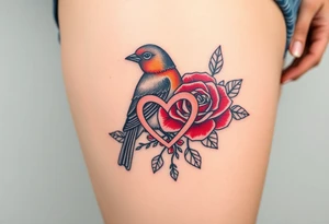 Robin and red rose with infinity heart tattoo idea