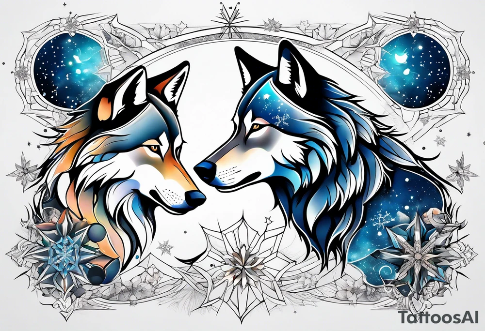 Constellation, two animal wolf, snowflake tattoo idea