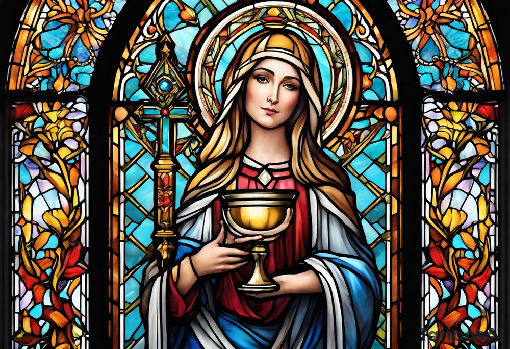 holy saint woman with halo stained glass holding a chalice tattoo idea