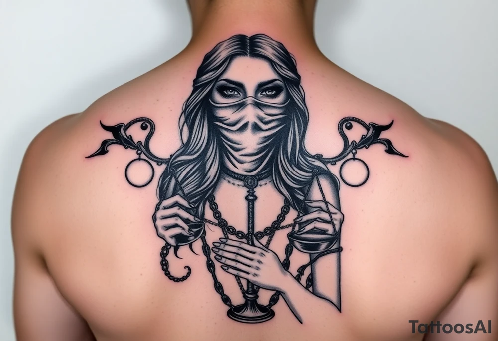 Fortuna's card as a beautiful woman with eyes covered with material, holds a scale in her hands tattoo idea