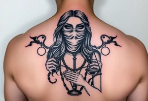 Fortuna's card as a beautiful woman with eyes covered with material, holds a scale in her hands tattoo idea