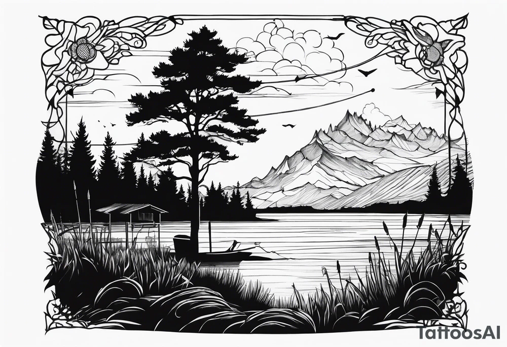 silhouette of landscape and fishingpole and line tattoo idea