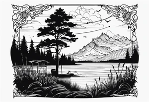 silhouette of landscape and fishingpole and line tattoo idea