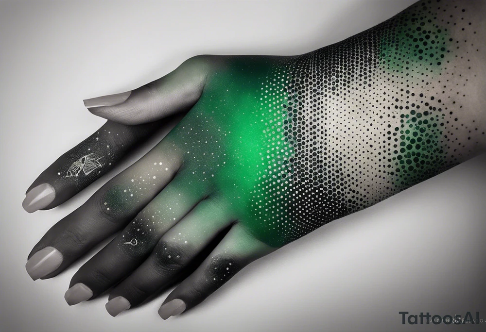 space, abstract, green and black, covered from wrist to forearm, fully covered, no borders, blackwork, no people tattoo idea