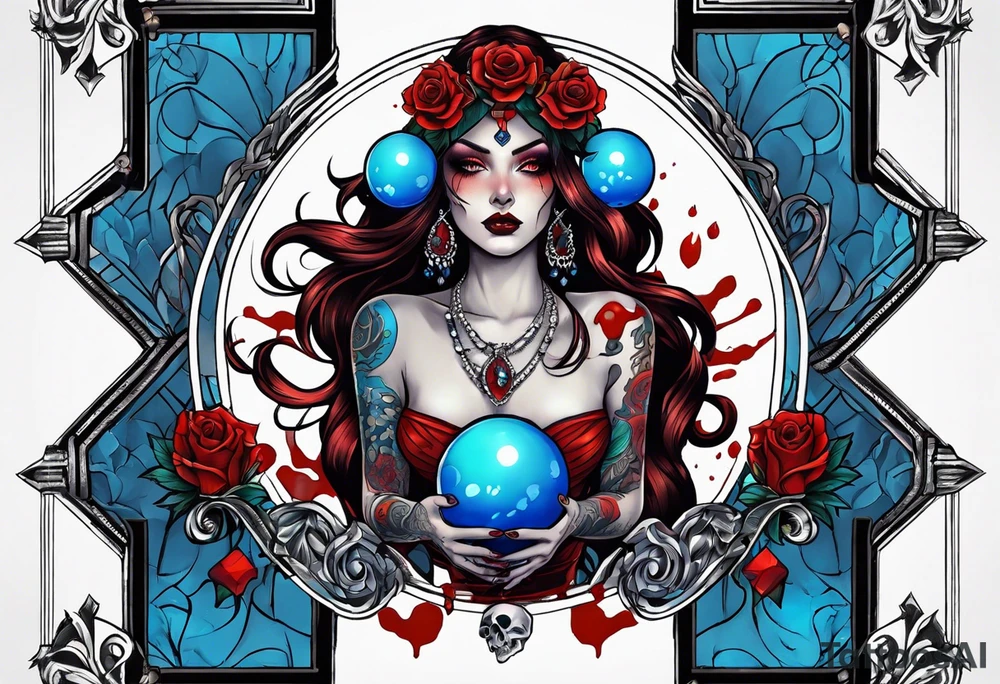 Bright bold Neo traditional tattoo woman with skulls and blood Holding a blue glowing sphere. Crosses for eyes tattoo idea