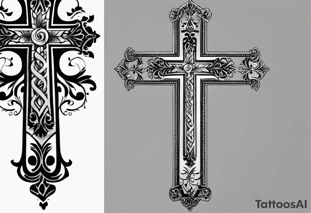 Create a small wrist sized tattoo that has Proverbs 31:25 "She is clothed with strength and dignity, and she laughs without fear of the future"

I would like a cross with text wrapped around it tattoo idea
