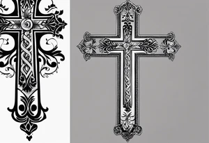 Create a small wrist sized tattoo that has Proverbs 31:25 "She is clothed with strength and dignity, and she laughs without fear of the future"

I would like a cross with text wrapped around it tattoo idea