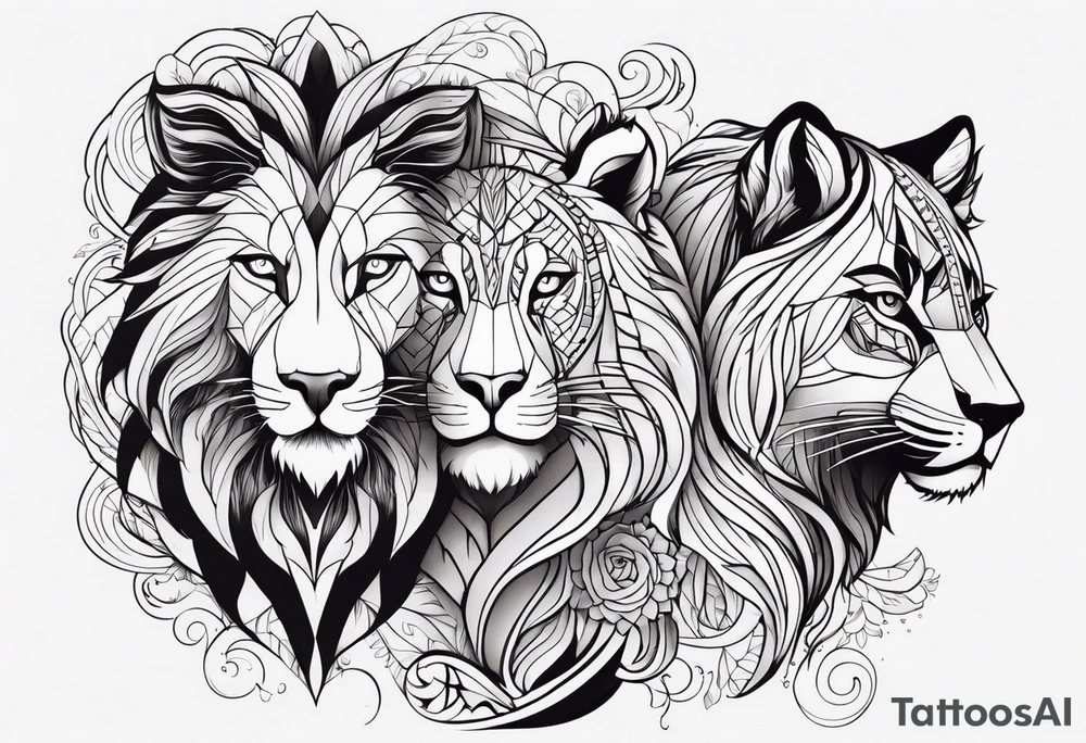 uma leoa, um leao e seus dois filhotes dentro de um retangulo tattoo idea