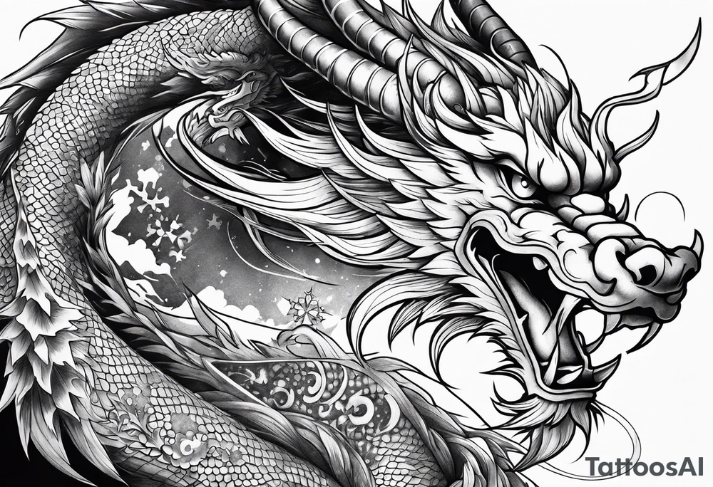 japanese dragon, celestial, cross, snowflake tattoo idea