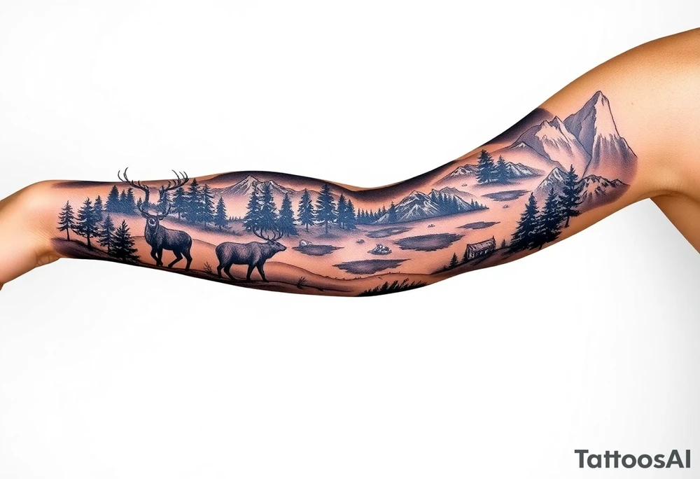 A full-sleeve with the Härjedalen landscape, reindeer, bear, lakes tattoo idea