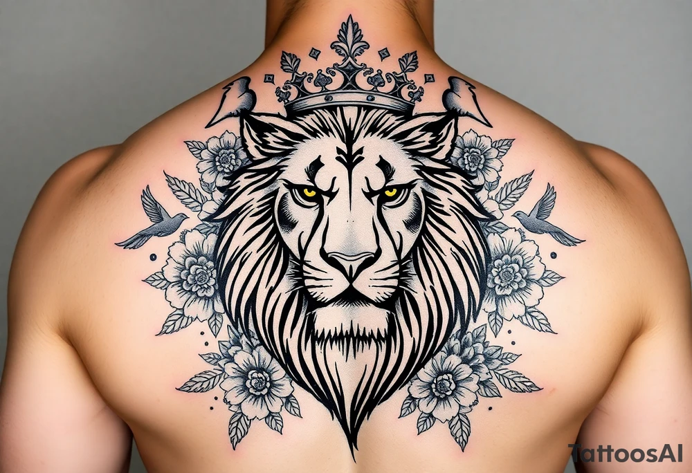 powerful majestic lion with a crown, surrounded by floral ornaments and birds tattoo idea