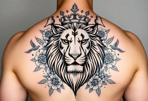 powerful majestic lion with a crown, surrounded by floral ornaments and birds tattoo idea