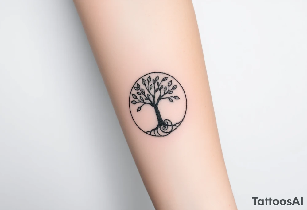A tree in a circle,
 with fee leaves, with a spiral line moving outward, as its roots tattoo idea