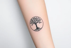 A tree in a circle,
 with fee leaves, with a spiral line moving outward, as its roots tattoo idea