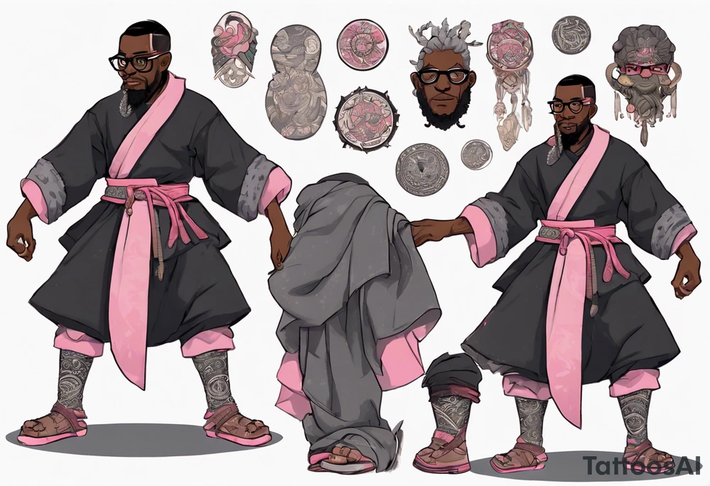 a medieval black man wearing round glasses, wearing a black tunic with a pink belt, wearing grey mukluks tattoo idea
