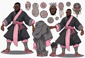 a medieval black man wearing round glasses, wearing a black tunic with a pink belt, wearing grey mukluks tattoo idea