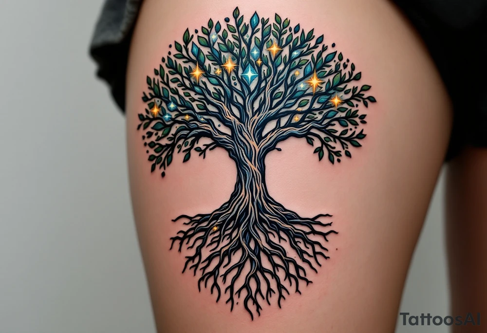 mystical tree of life with cosmic roots and celestial branches tattoo idea
