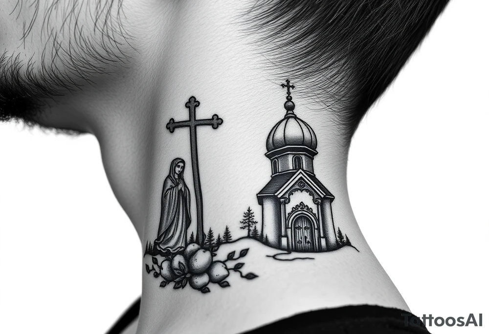 russian design traditional christian orthodox cross with a virgin mary stood beside the entrance of a russian orthodox dome church on the side of the neck in a wilderness setting with the design spread out the side of the neck tattoo idea